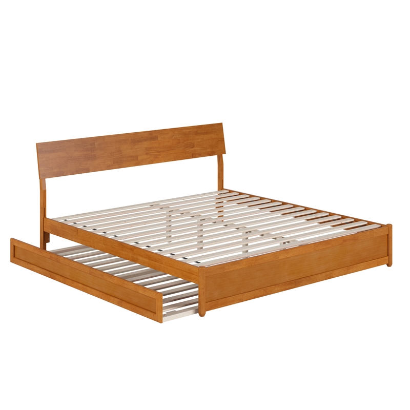 Norla King Platform Bed with Footboard and Twin XL Trundle in Light Toffee