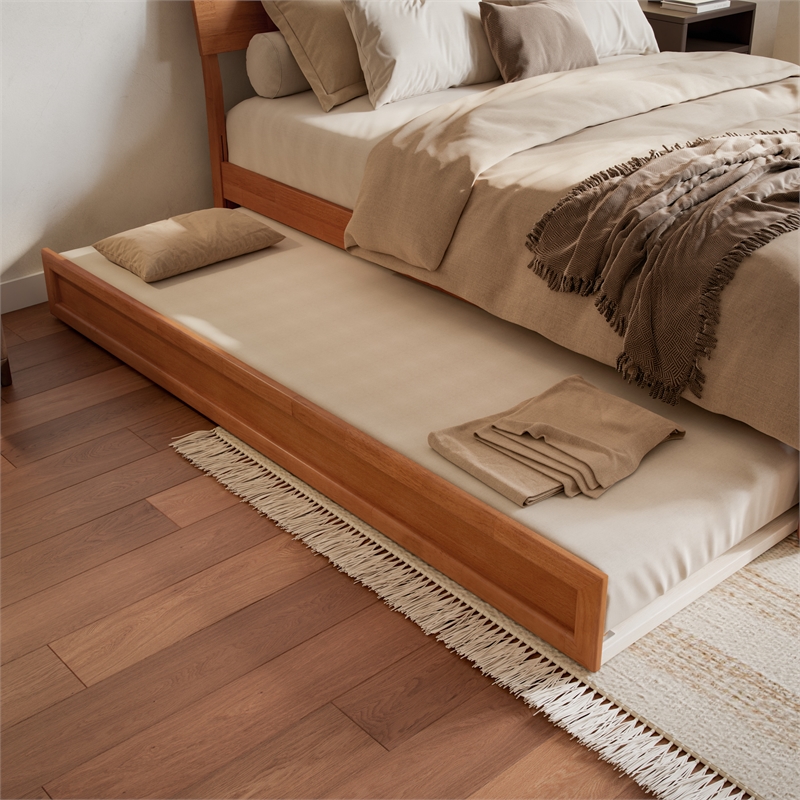 Norla King Platform Bed with Footboard and Twin XL Trundle in Light Toffee