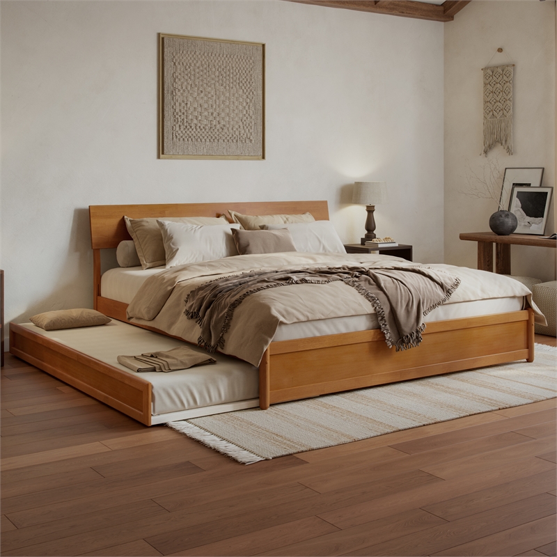 Norla King Platform Bed with Footboard and Twin XL Trundle in Light Toffee