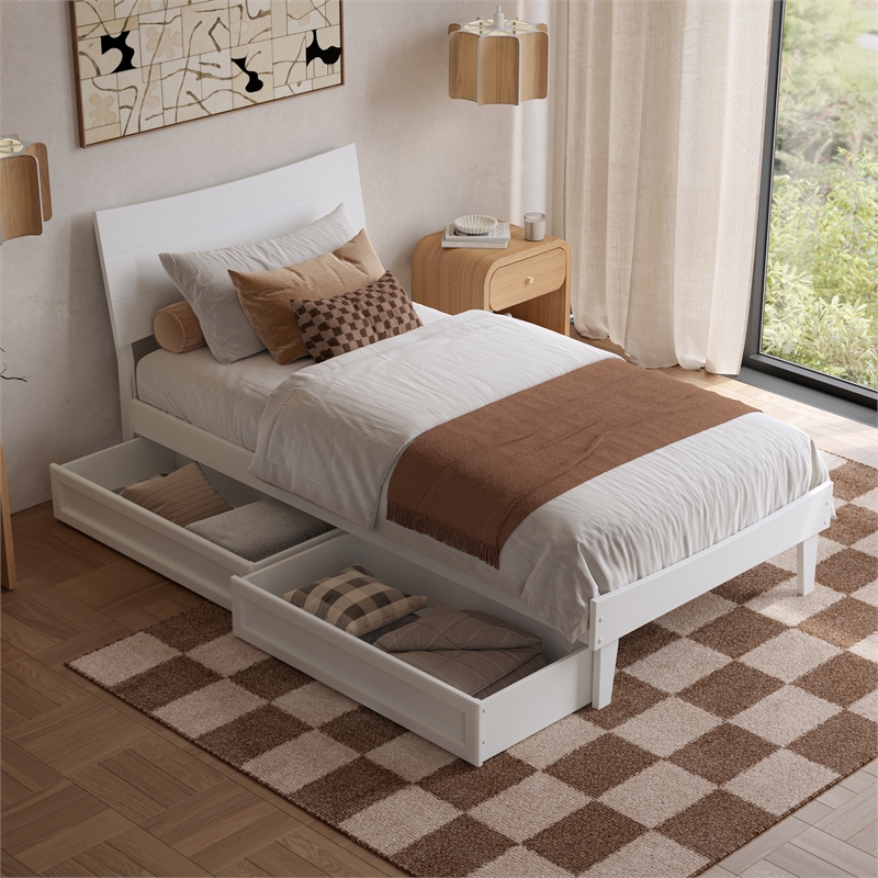 Phoenix Twin XL Solid Wood Platform Bed with Drawers in White
