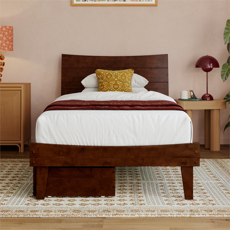 Phoenix Twin XL Solid Wood Platform Bed with Drawers in Walnut