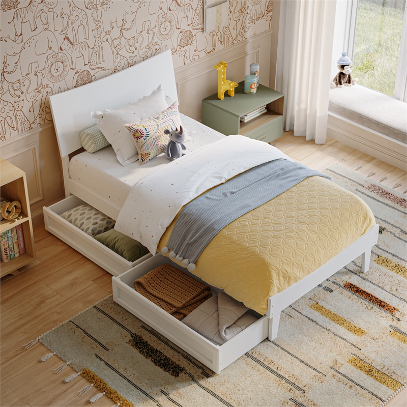 Phoenix Twin Size Solid Wood Platform Bed with Drawers in White