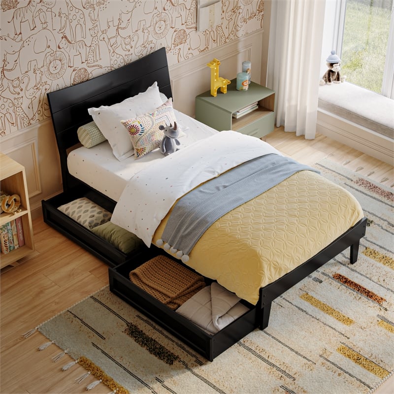 Phoenix Twin Size Solid Wood Platform Bed with Drawers in Black