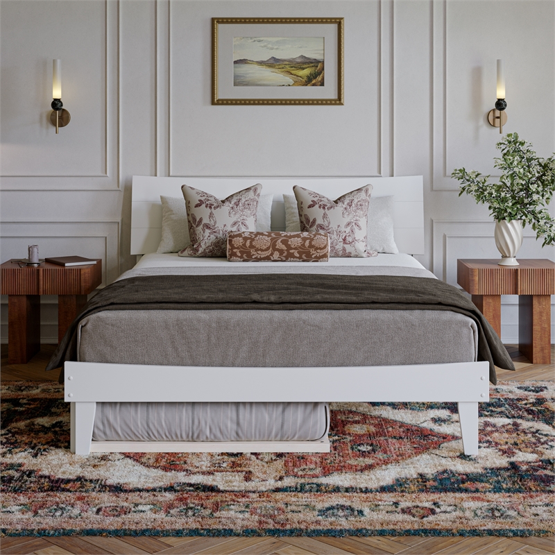 Phoenix Queen Solid Wood Platform Bed with Twin XL Trundle in White