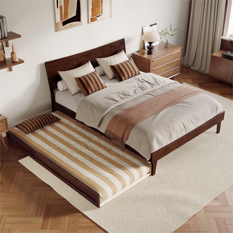 Phoenix Queen Solid Wood Platform Bed with Twin XL Trundle in Walnut