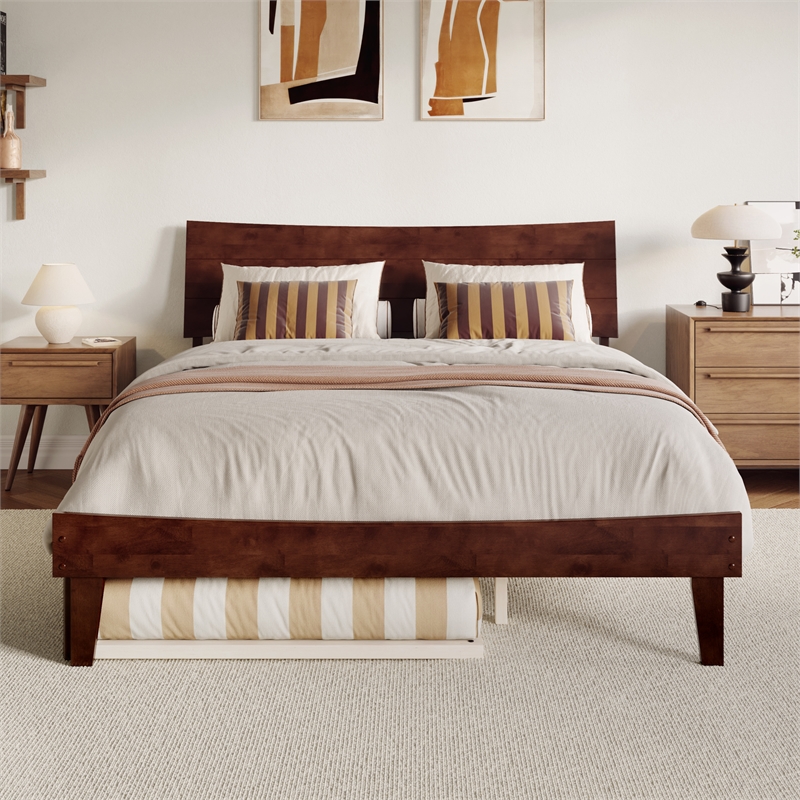 Phoenix Queen Solid Wood Platform Bed with Twin XL Trundle in Walnut