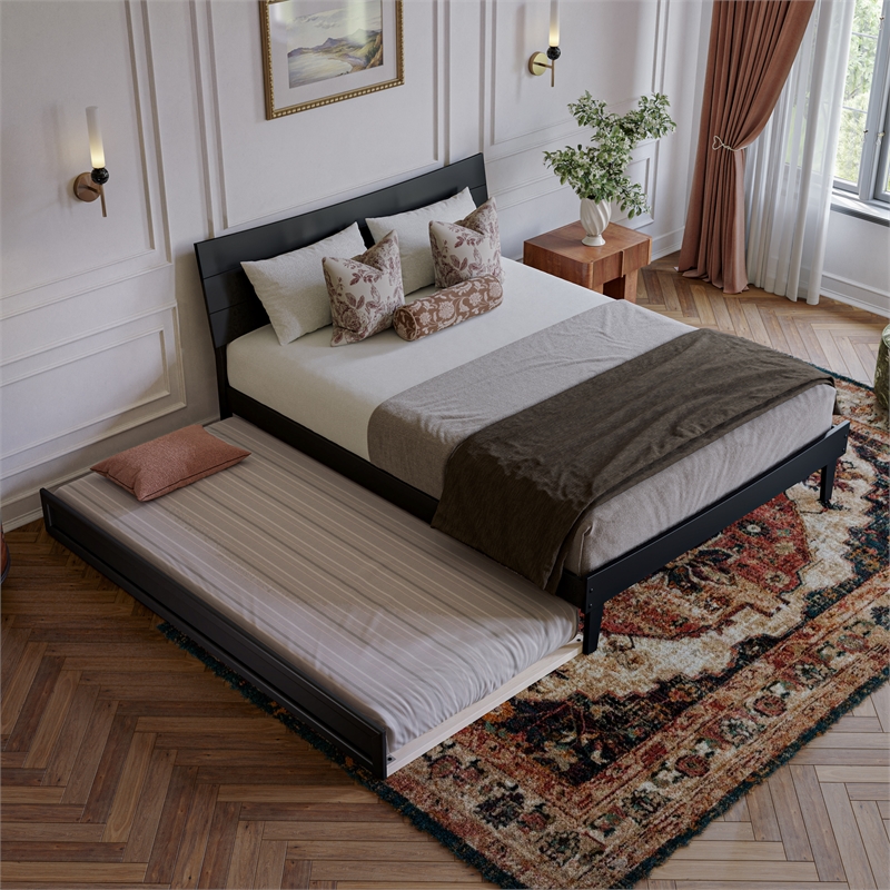 Phoenix Queen Solid Wood Platform Bed with Twin XL Trundle in Black