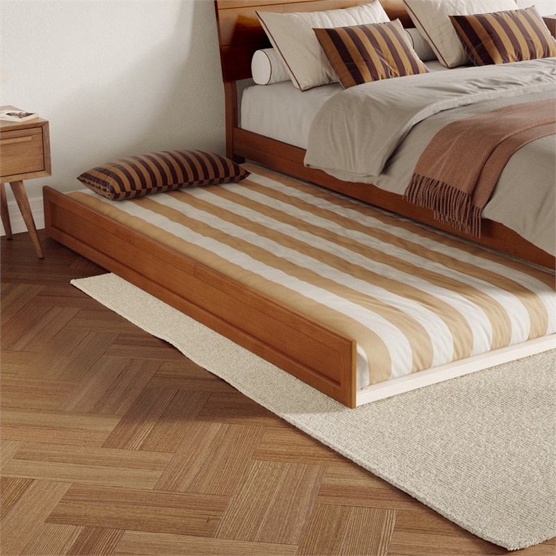 Phoenix Queen Solid Wood Platform Bed with Twin XL Trundle in Light Toffee