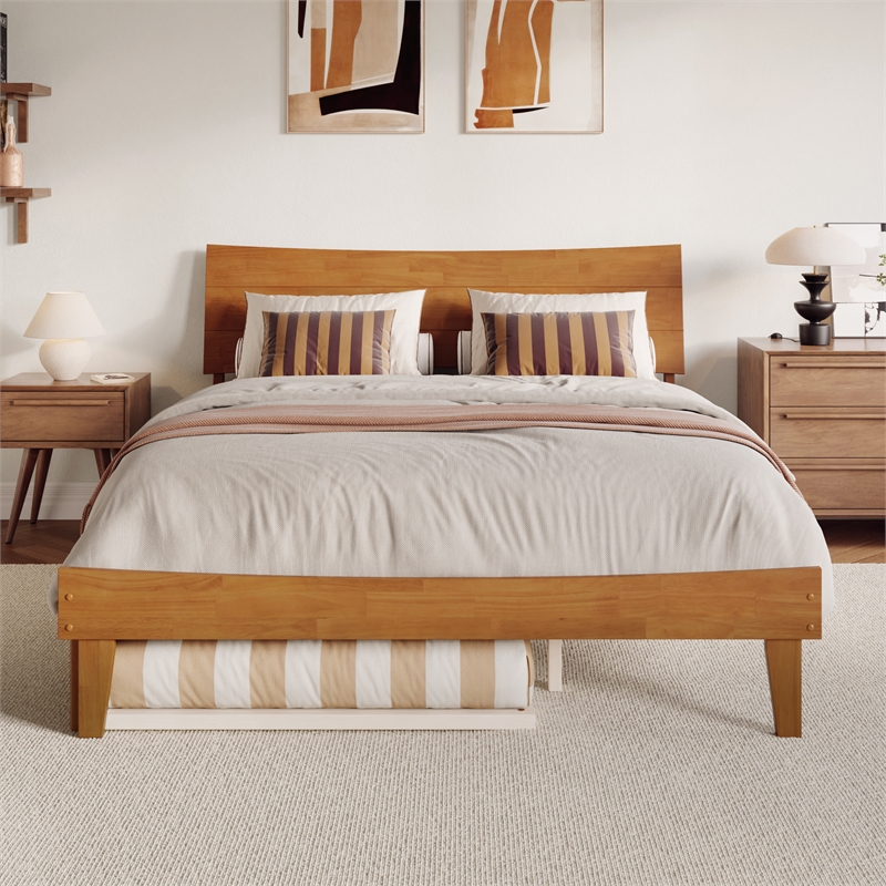 Phoenix Queen Solid Wood Platform Bed with Twin XL Trundle in Light Toffee