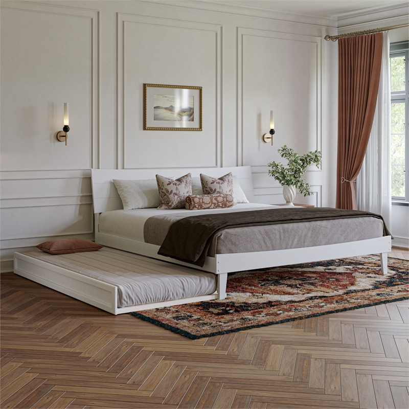 Phoenix King Solid Wood Platform Bed with Twin XL Trundle in White