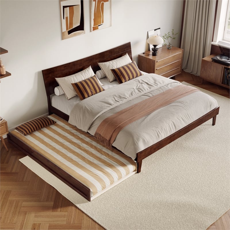 Phoenix King Solid Wood Platform Bed with Twin XL Trundle in Walnut