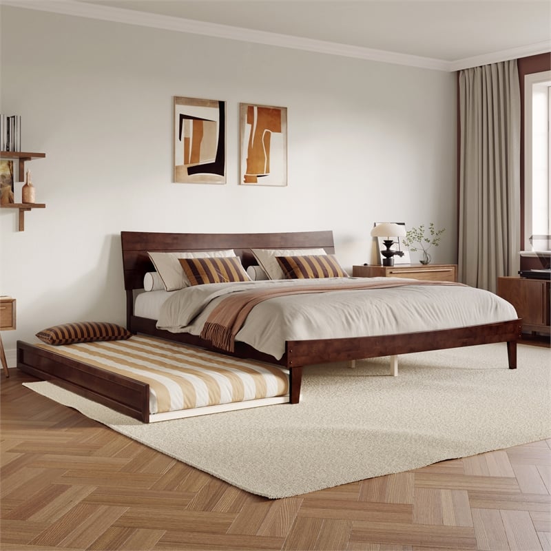 Phoenix King Solid Wood Platform Bed with Twin XL Trundle in Walnut