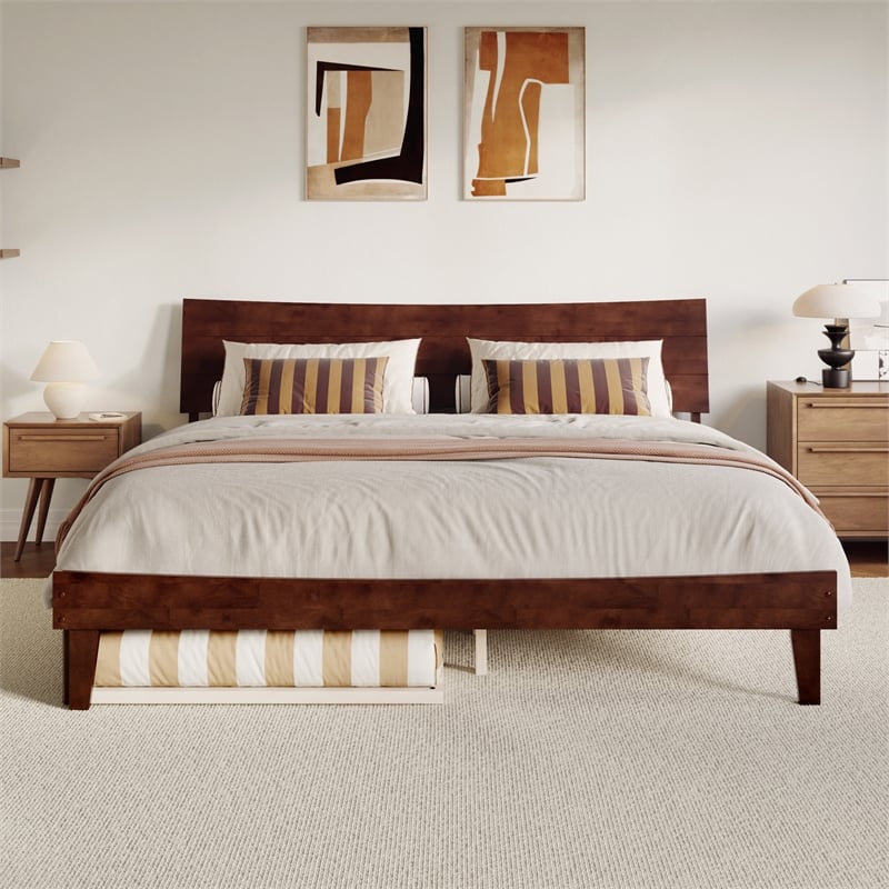 Phoenix King Solid Wood Platform Bed with Twin XL Trundle in Walnut