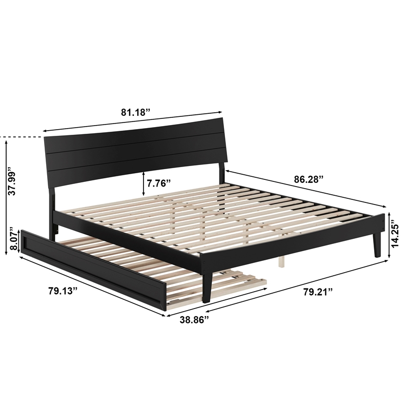 Phoenix King Solid Wood Platform Bed with Twin XL Trundle in Black