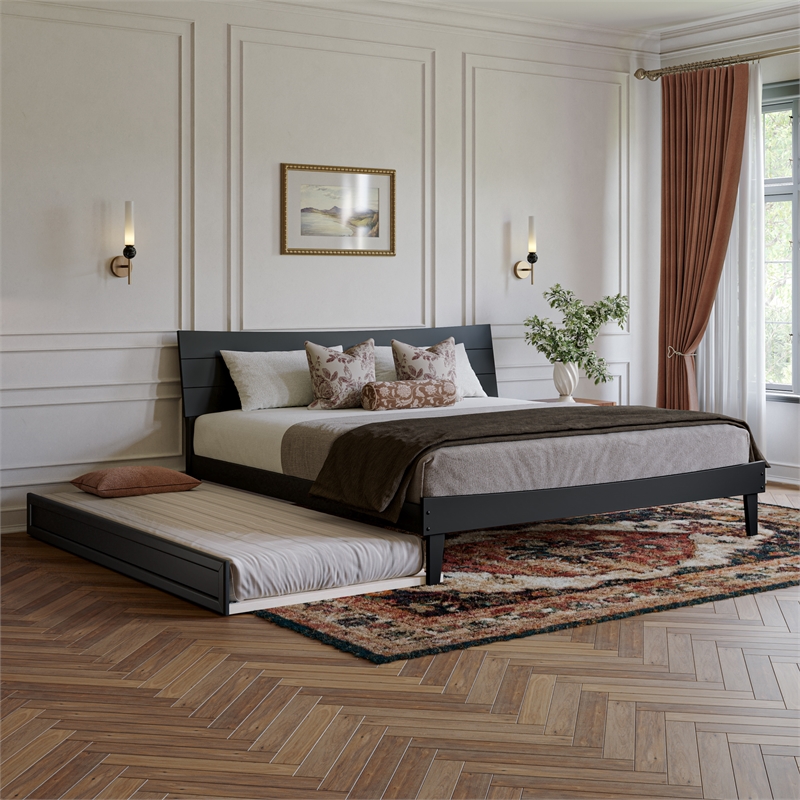 Phoenix King Solid Wood Platform Bed with Twin XL Trundle in Black