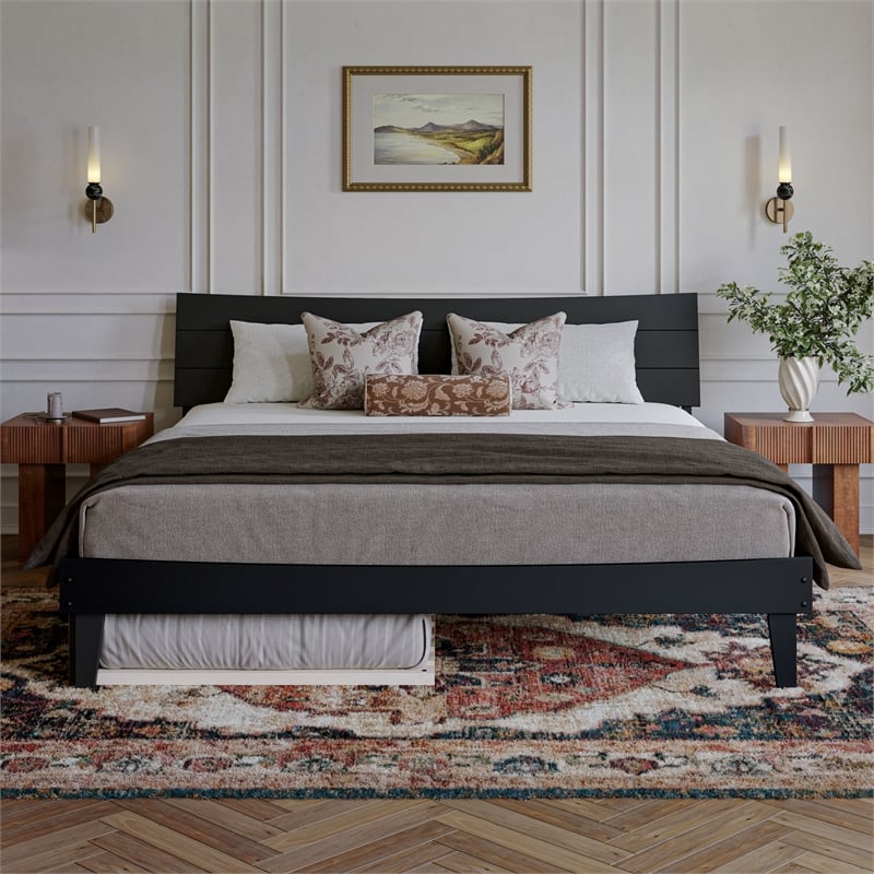 Phoenix King Solid Wood Platform Bed with Twin XL Trundle in Black