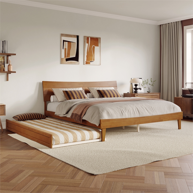 Phoenix King Wood Platform Bed with Twin XL Trundle in Light Toffee