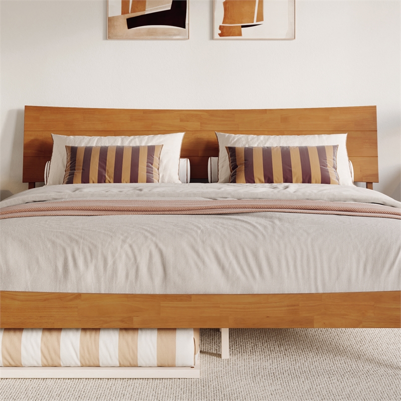 Phoenix King Wood Platform Bed with Twin XL Trundle in Light Toffee