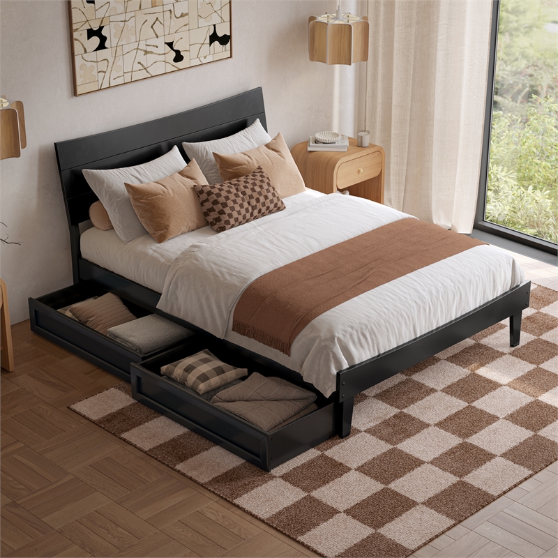 Phoenix Full Size Solid Wood Platform Bed with Drawers in Black