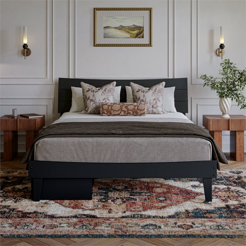 Phoenix Queen Size Solid Wood Platform Bed with Drawers in Black
