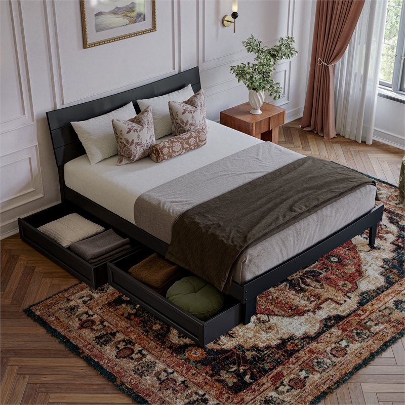 Phoenix Queen Size Solid Wood Platform Bed with Drawers in Black
