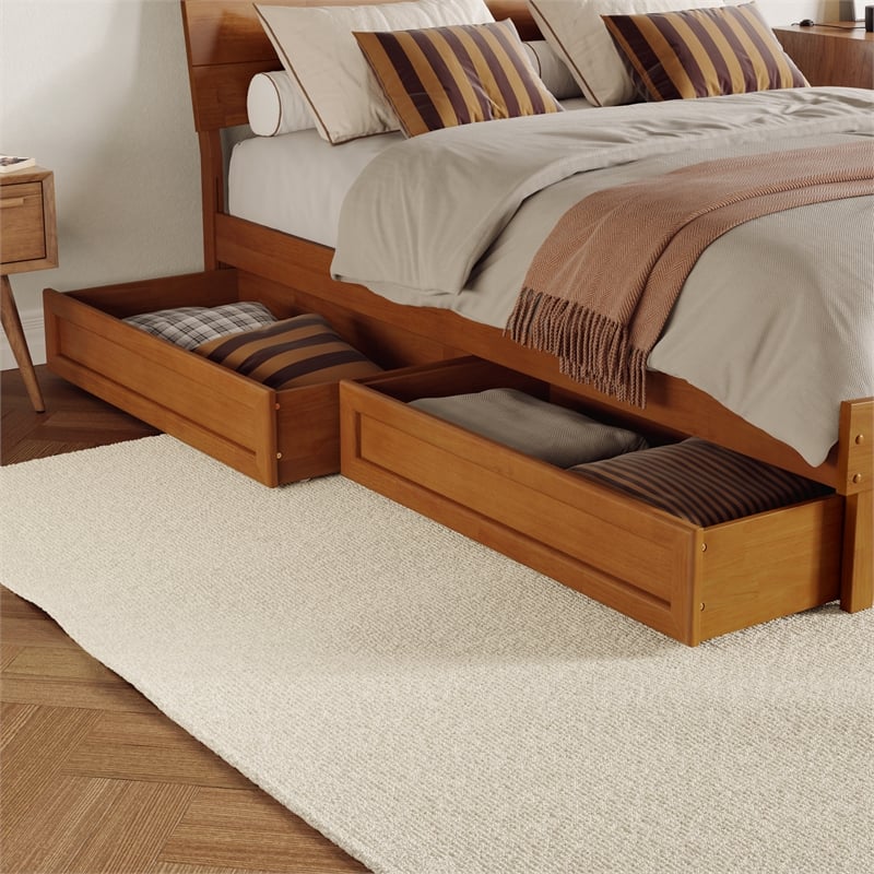 Phoenix Queen Wood Platform Bed with Drawers in Light Toffee