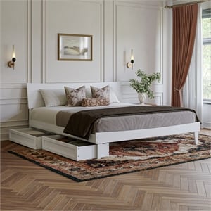 Phoenix King Size Solid Wood Platform Bed with Drawers in White