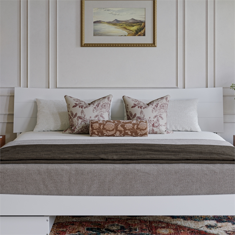 Phoenix King Size Solid Wood Platform Bed with Drawers in White