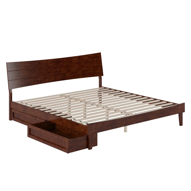 Phoenix King Size Solid Wood Platform Bed with Drawers in Walnut