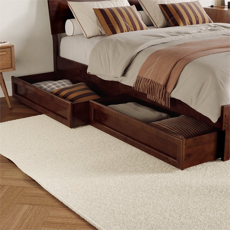 Phoenix King Size Solid Wood Platform Bed with Drawers in Walnut
