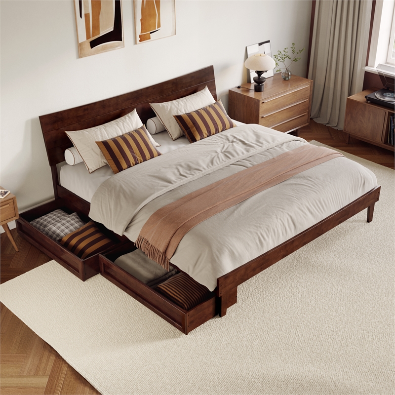 Phoenix King Size Solid Wood Platform Bed with Drawers in Walnut