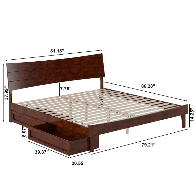 Phoenix King Size Solid Wood Platform Bed with Drawers in Walnut