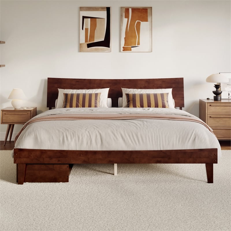 Phoenix King Size Solid Wood Platform Bed with Drawers in Walnut