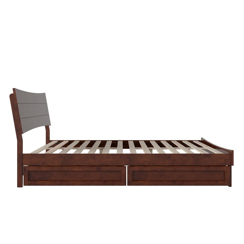 Phoenix King Size Solid Wood Platform Bed with Drawers in Walnut