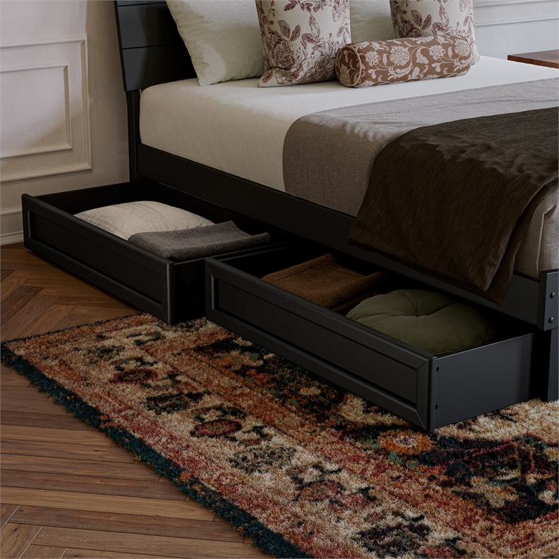 Phoenix King Size Solid Wood Platform Bed with Drawers in Black