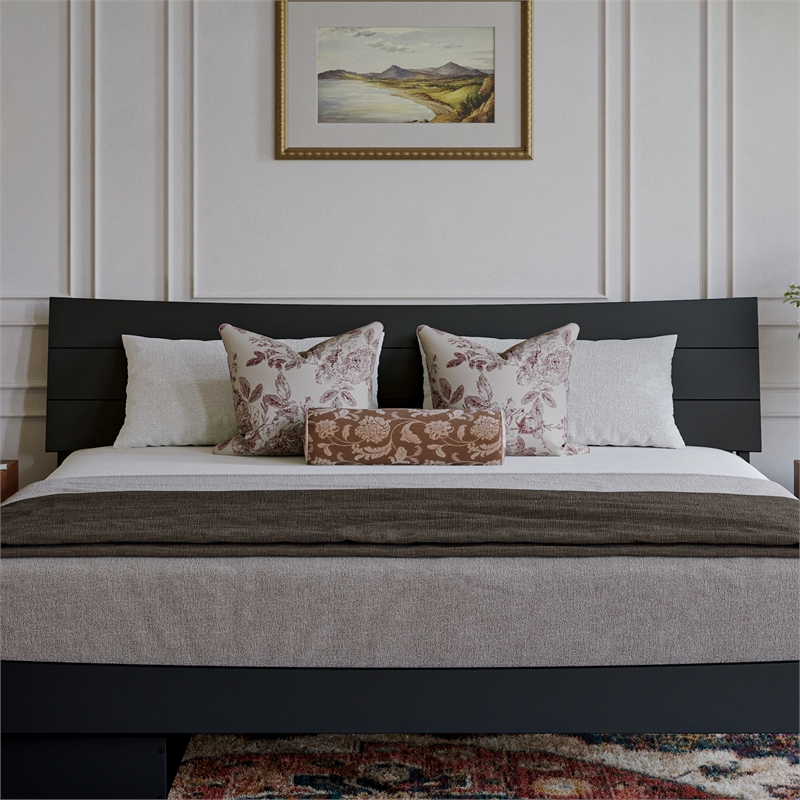 Phoenix King Size Solid Wood Platform Bed with Drawers in Black