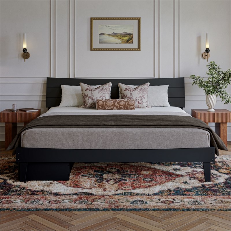 Phoenix King Size Solid Wood Platform Bed with Drawers in Black