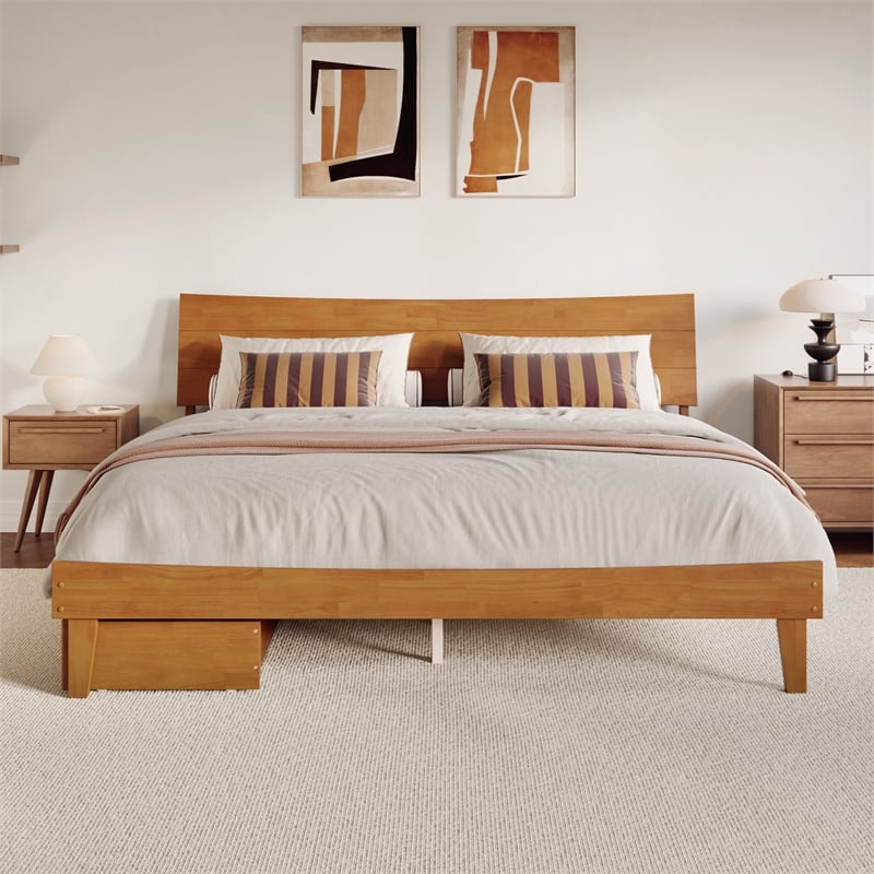 Phoenix King Size Wood Platform Bed with Drawers in Light Toffee