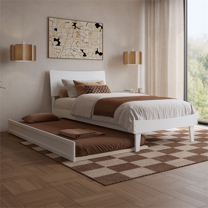 Phoenix Twin XL Wood Platform Bed with Twin XL Trundle in White