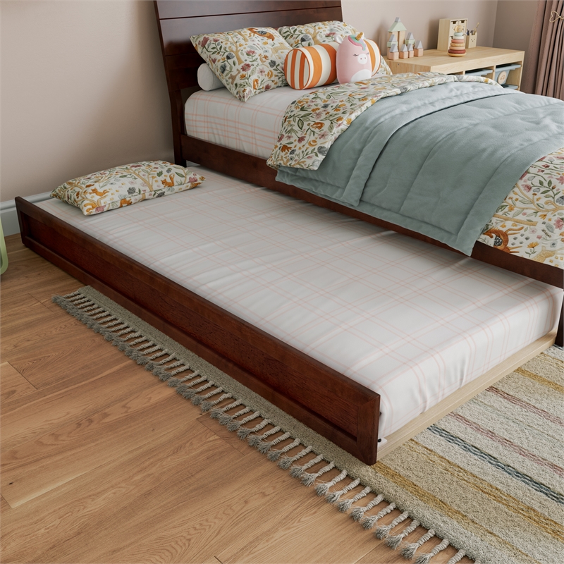 Phoenix Twin Solid Wood Platform Bed with Twin Trundle in Walnut