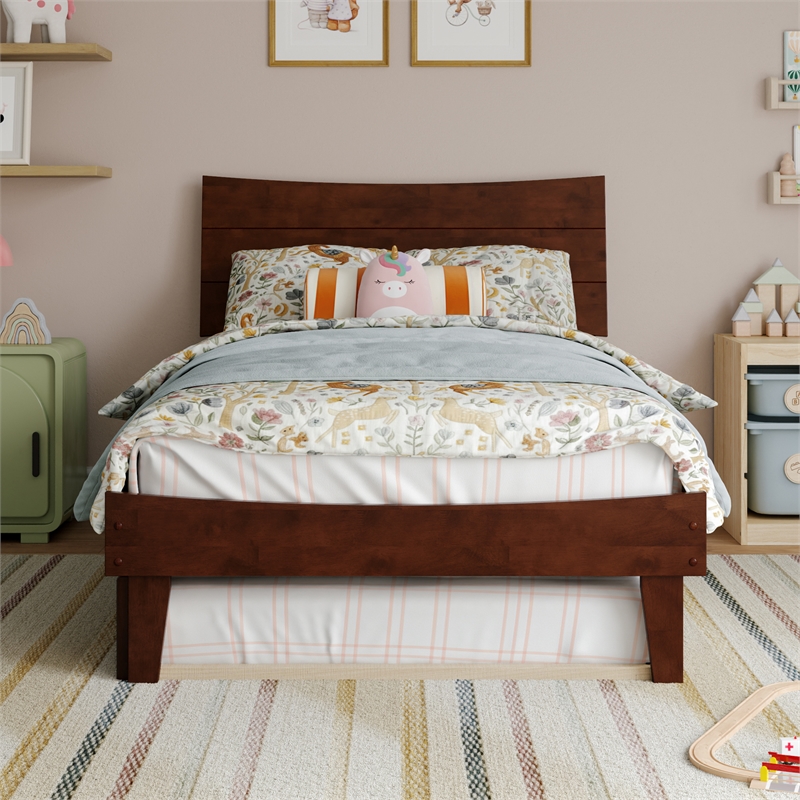 Phoenix Twin Solid Wood Platform Bed with Twin Trundle in Walnut