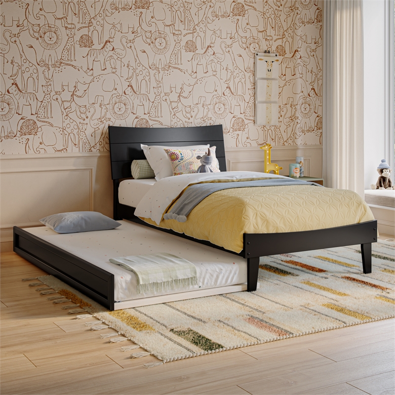Phoenix Twin Solid Wood Platform Bed with Twin Trundle in Black