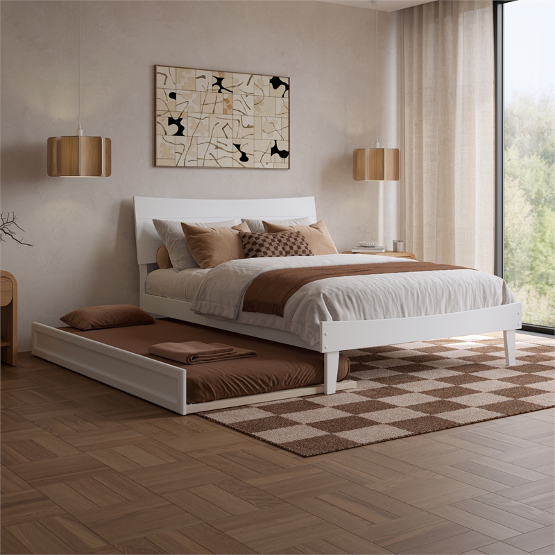 Phoenix Full Size Solid Wood Platform Bed with Twin Trundle in White