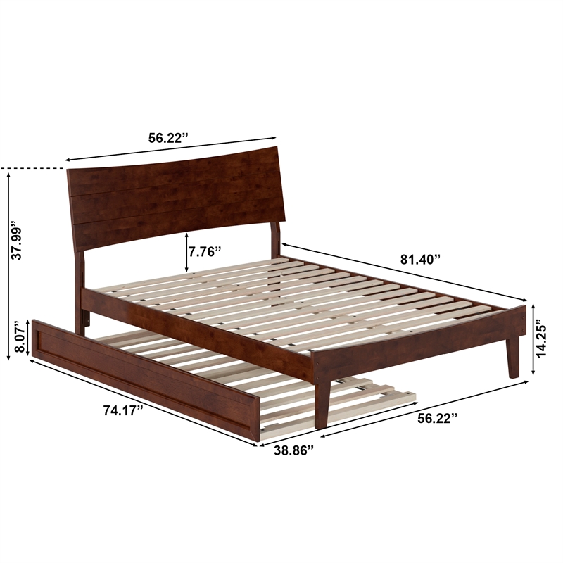 Phoenix Full Size Solid Wood Platform Bed with Twin Trundle in Walnut