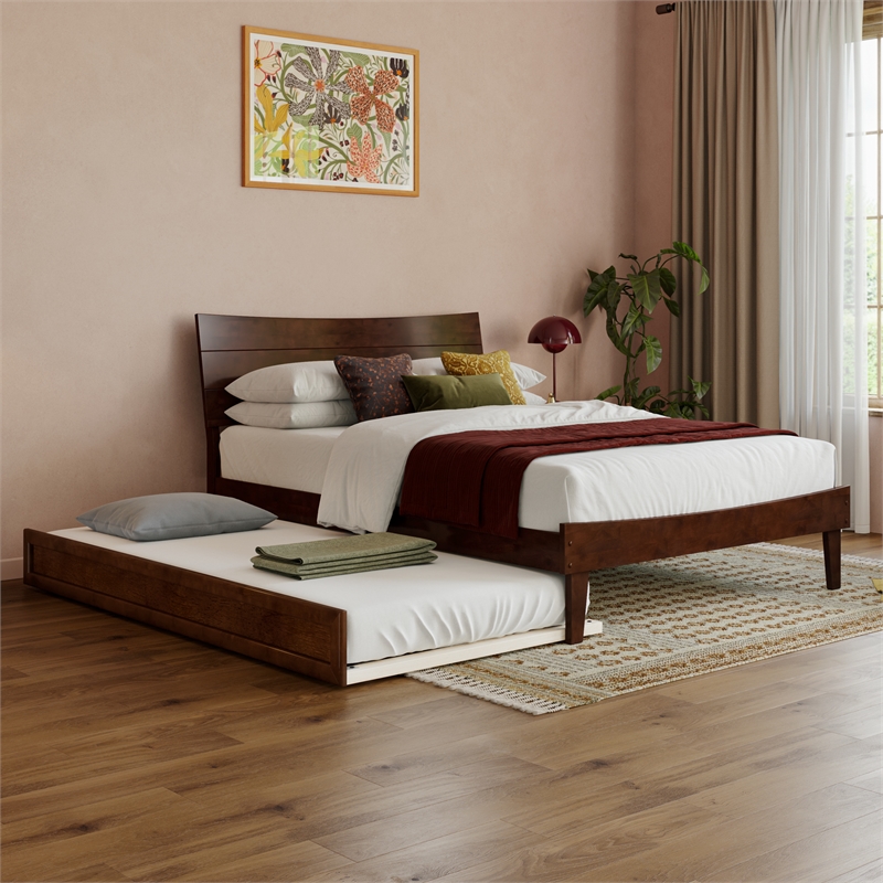 Phoenix Full Size Solid Wood Platform Bed with Twin Trundle in Walnut