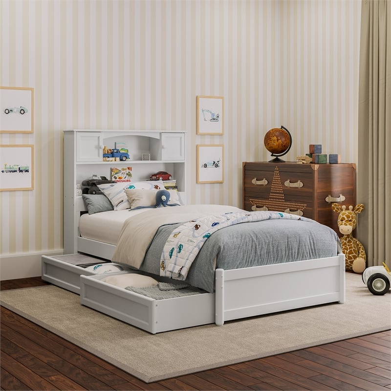 Denver Twin Wood Platform Bed with Storage Drawers in White