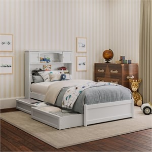 Denver Twin Wood Platform Bed with Storage Drawers in White