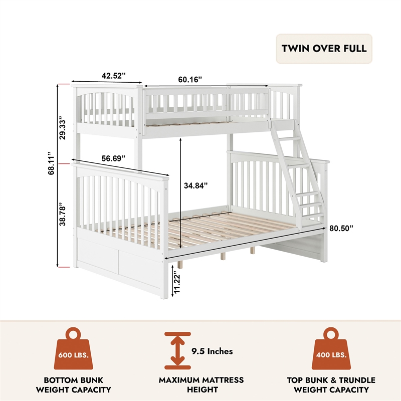 AFI Columbia Twin Over Full Solid Wood Bunk Bed in White