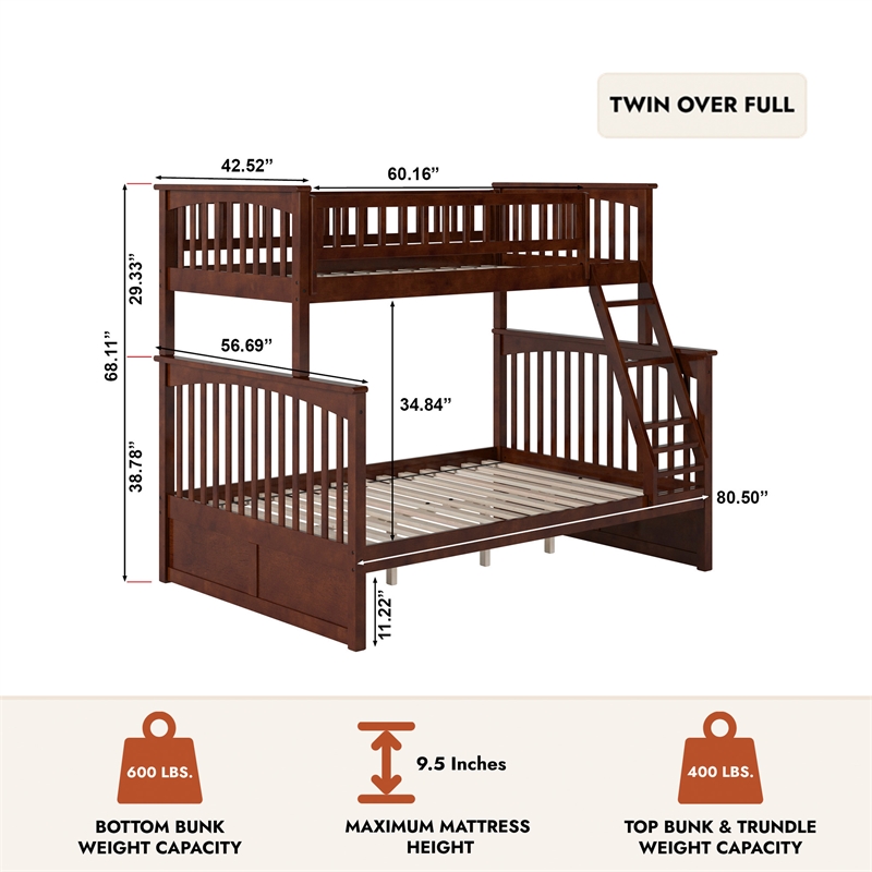 AFI Columbia Twin Over Full Solid Wood Bunk Bed in Walnut
