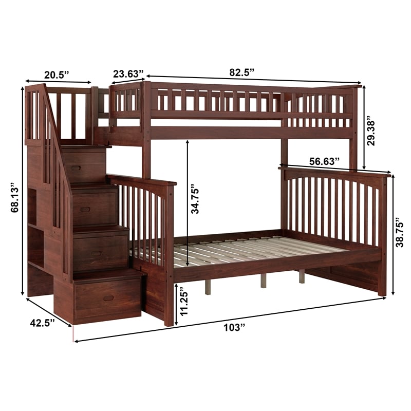 AFI Columbia Twin Over Full Solid Wood Staircase Bunk Bed in Walnut